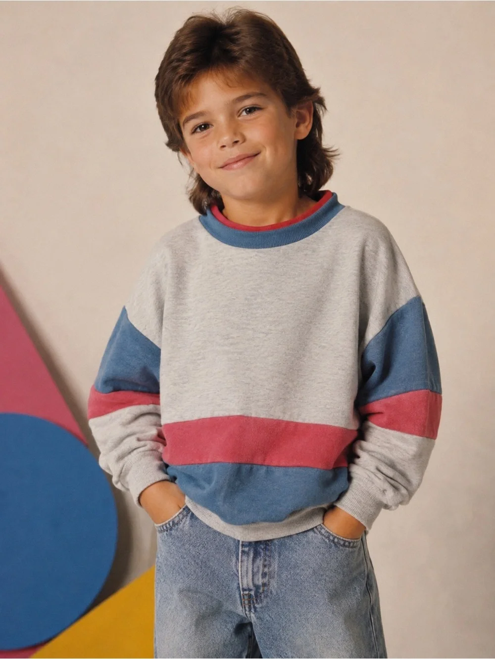Vintage 80s Colorblock Sweatshirt Kids Heather Gray Pink Blue